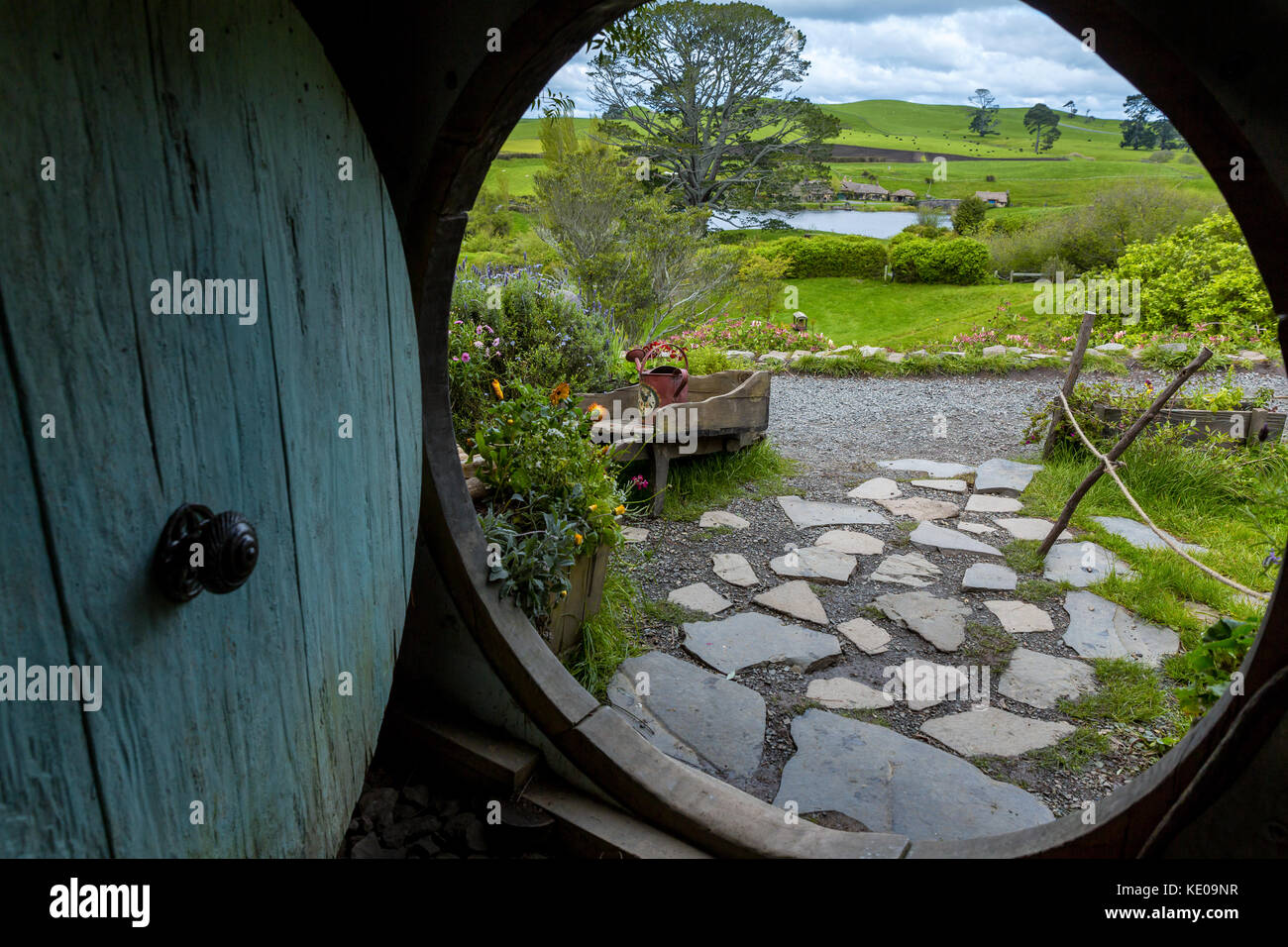 À la recherche d'un trou de Hobbit Hobbiton, emplacement Le Hobbit trilogie, Hinuera, Matamata, Nouvelle-Zélande Banque D'Images