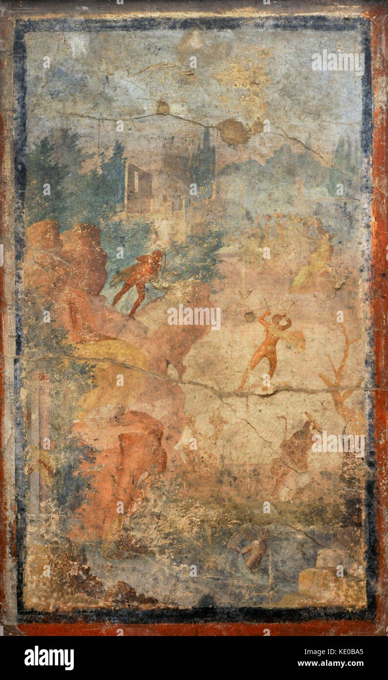 Fresque romaine, unique réplique du mythe de Marsias, représenté dans la  narration continue. Athena, assis, joue de la double flûte, tandis qu'une  nymphe lui montre un miroir. À gauche, Marsias observe la