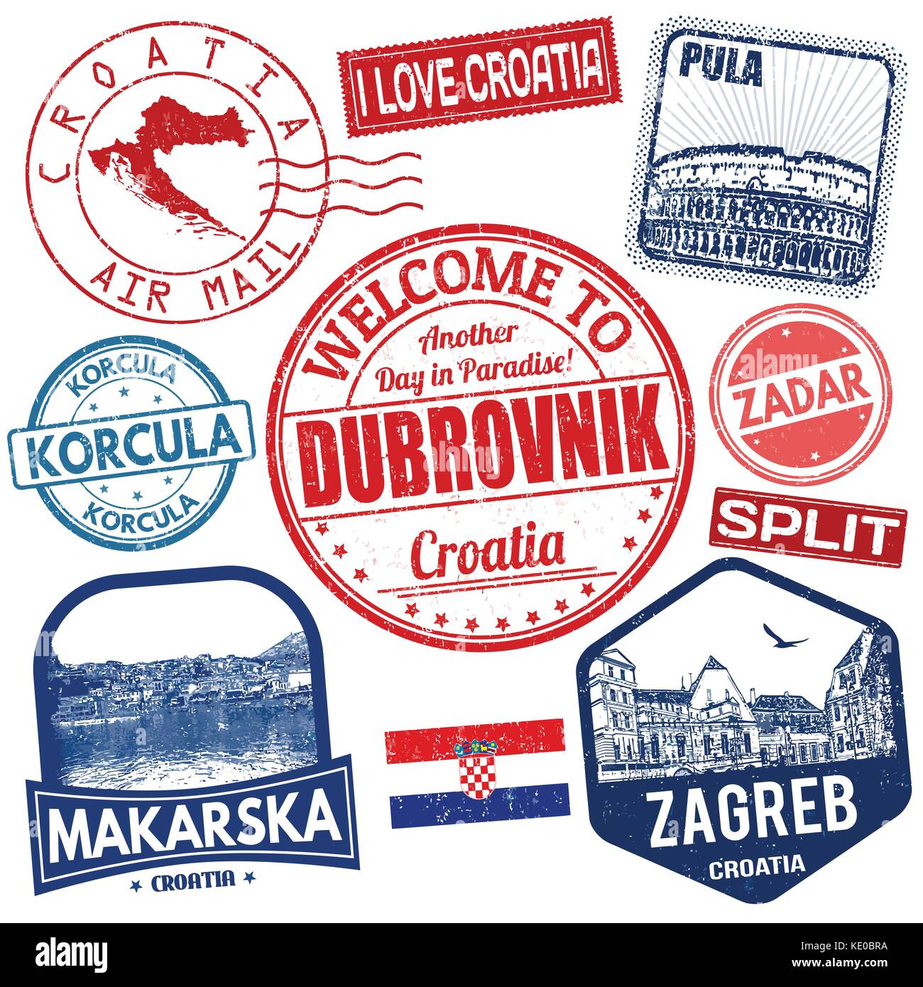 Ensemble de timbres grunge voyage avec la Croatie sur fond blanc, vector illustration Illustration de Vecteur