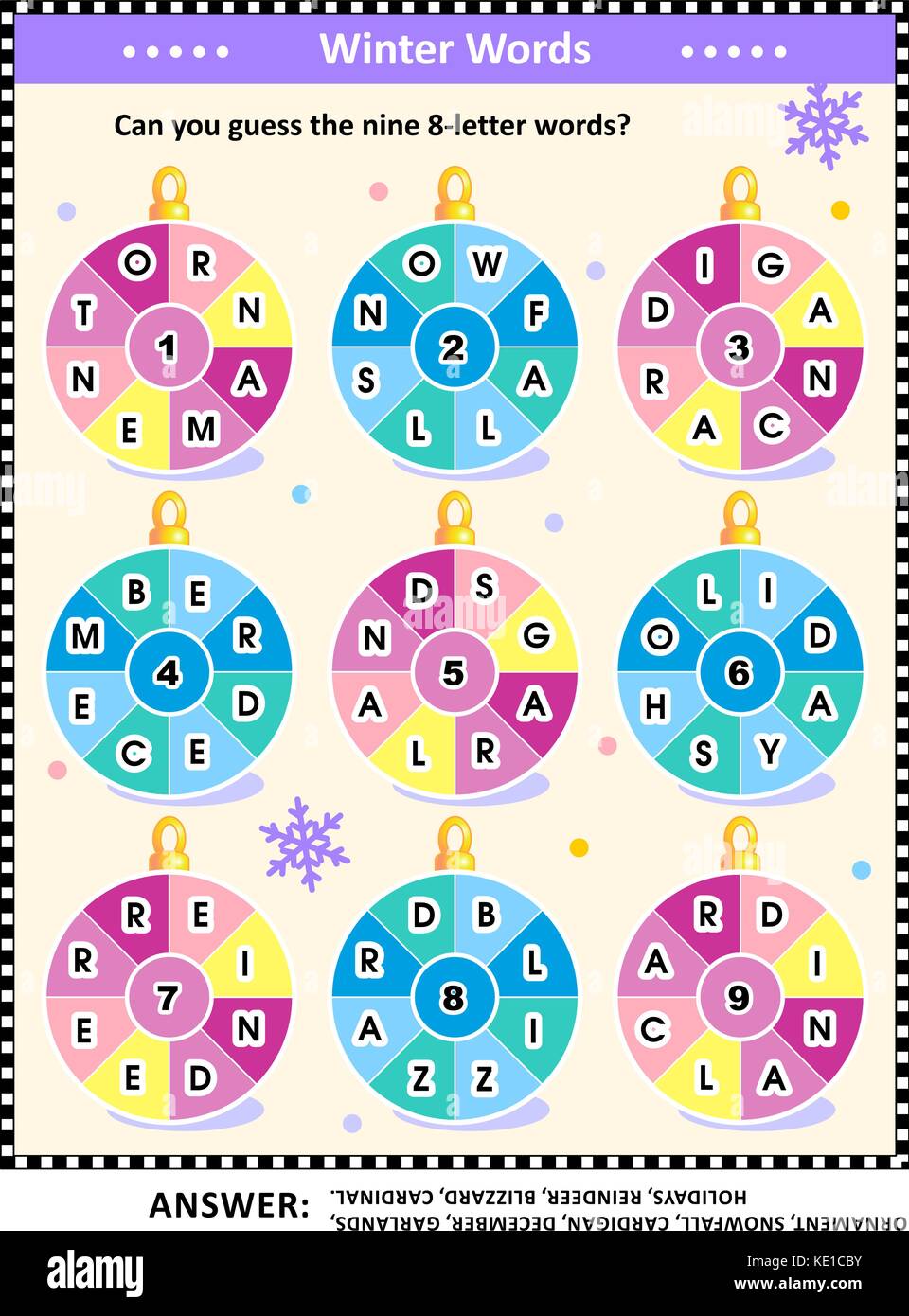 Word puzzle (en anglais) avec l'hiver et de vacances autour de mots écrits les ornements : pouvez-vous deviner les neuf 8-mots de lettre ? Réponse inclus. Illustration de Vecteur