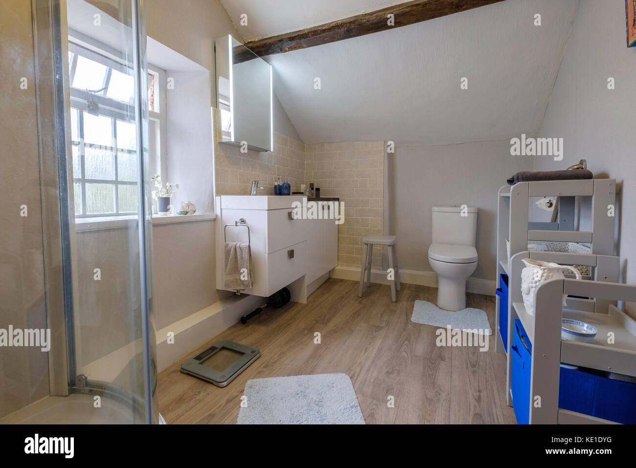 Salle de bains décorée et nouvellement montée dans le vieux chalet dans le Gloucestershire, Angleterre, Royaume-Uni Banque D'Images