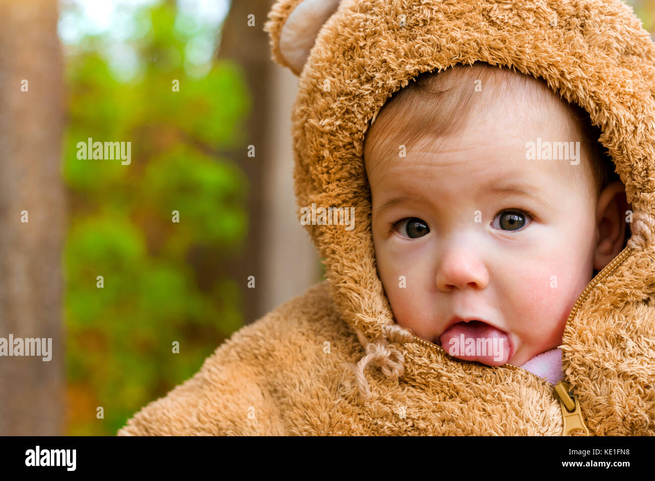 Bébé posant sur fond d'automne parc. enfant vêtu de teddy-bear stylisé chaud costume, s'amusant dans le jardin au début de l'automne. lumineux en promenade familiale Banque D'Images