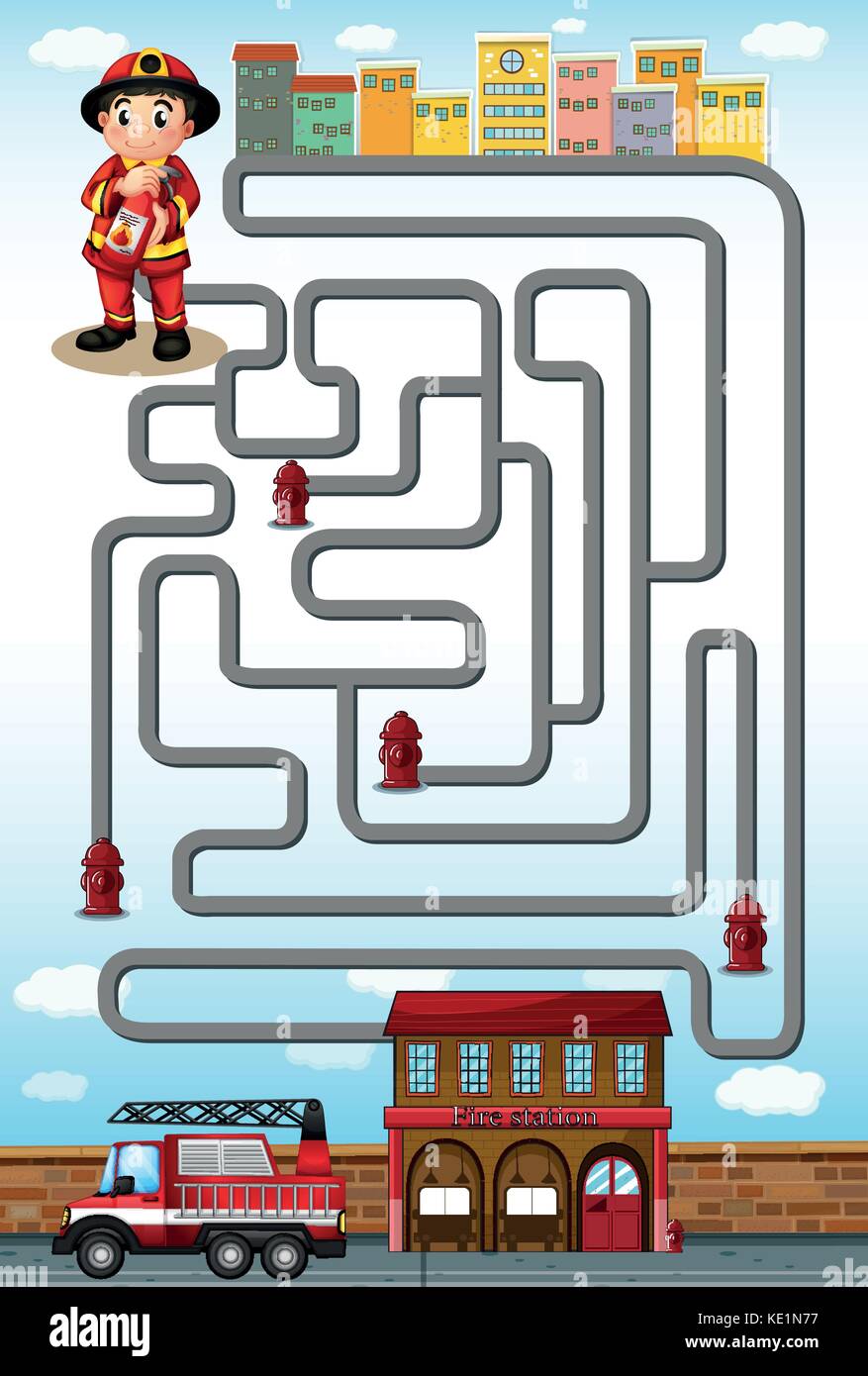 Jeu de labyrinthe avec fire fighter et station illustration Illustration de Vecteur