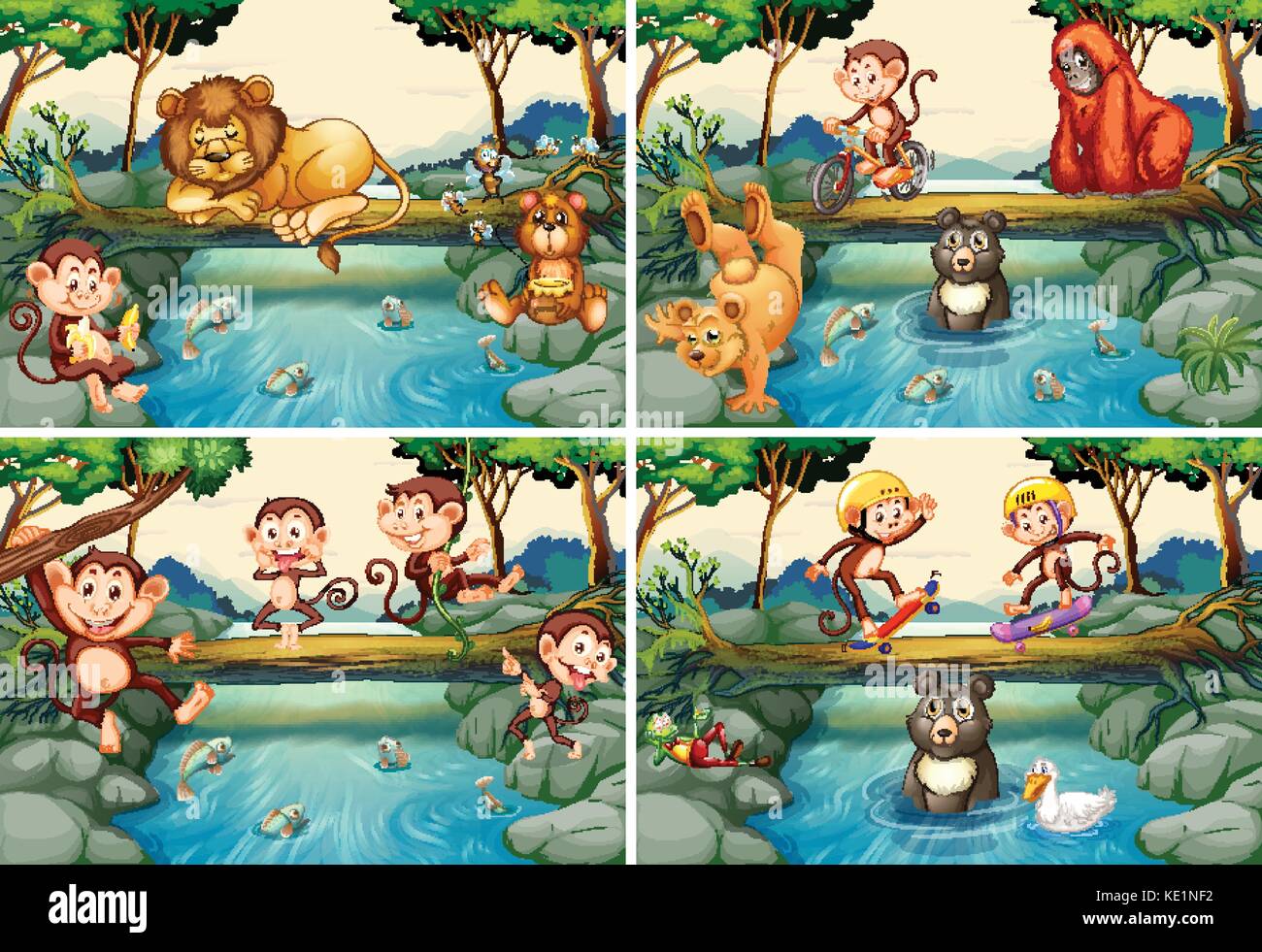 Quatre scènes avec les animaux sauvages dans la rivière illustration Illustration de Vecteur