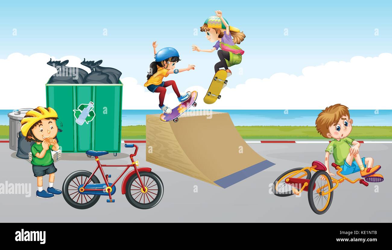 Enfants riding bike et jouer skateboard illustration Illustration de Vecteur