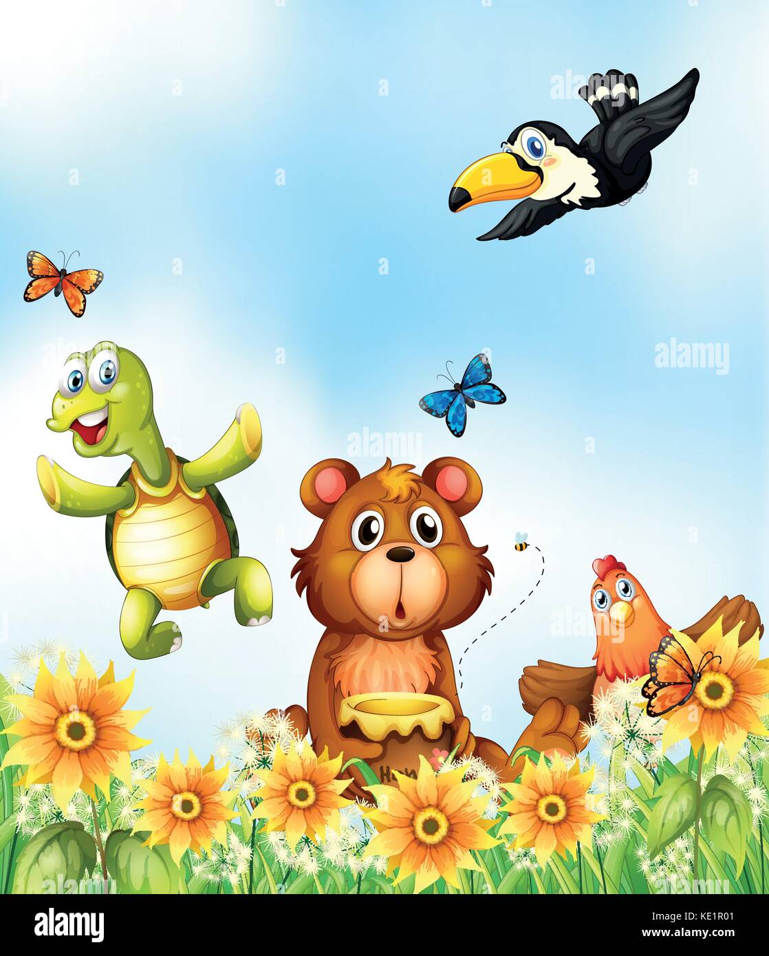 Les animaux dans le jardin de fleurs illustration Illustration de Vecteur