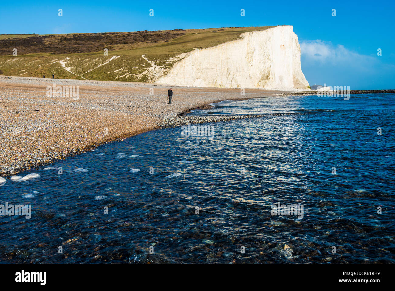 Cuckmere Haven Beach, East Sussex, Angleterre. Paysage de craie et marais salants de marée avec de grands atouts de la faune Banque D'Images