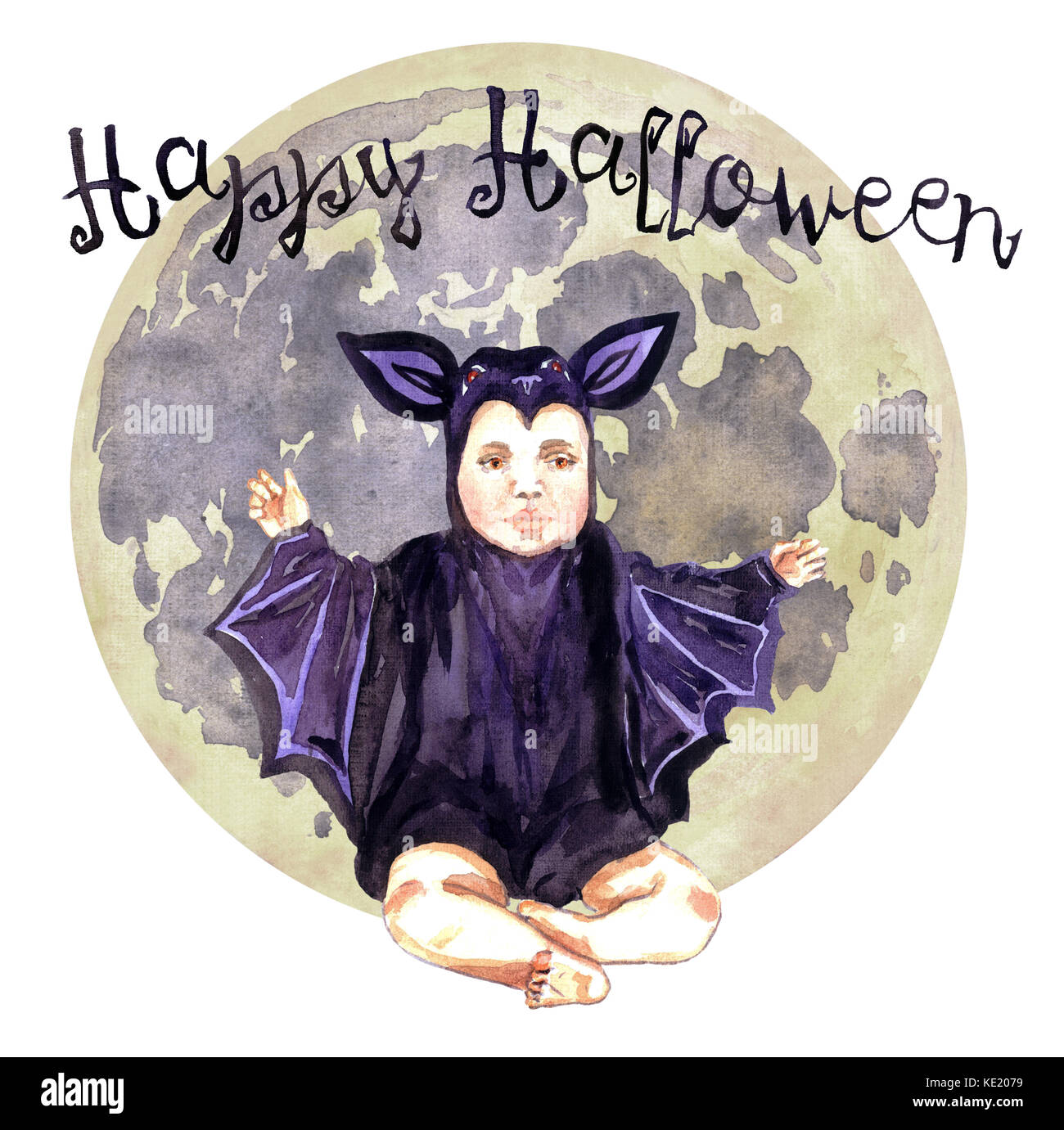 Mignon Bebe Assis En Costume Bat Avec Pleine Lune Happy Halloween Peinte A L Aquarelle Illustration Isole Photo Stock Alamy