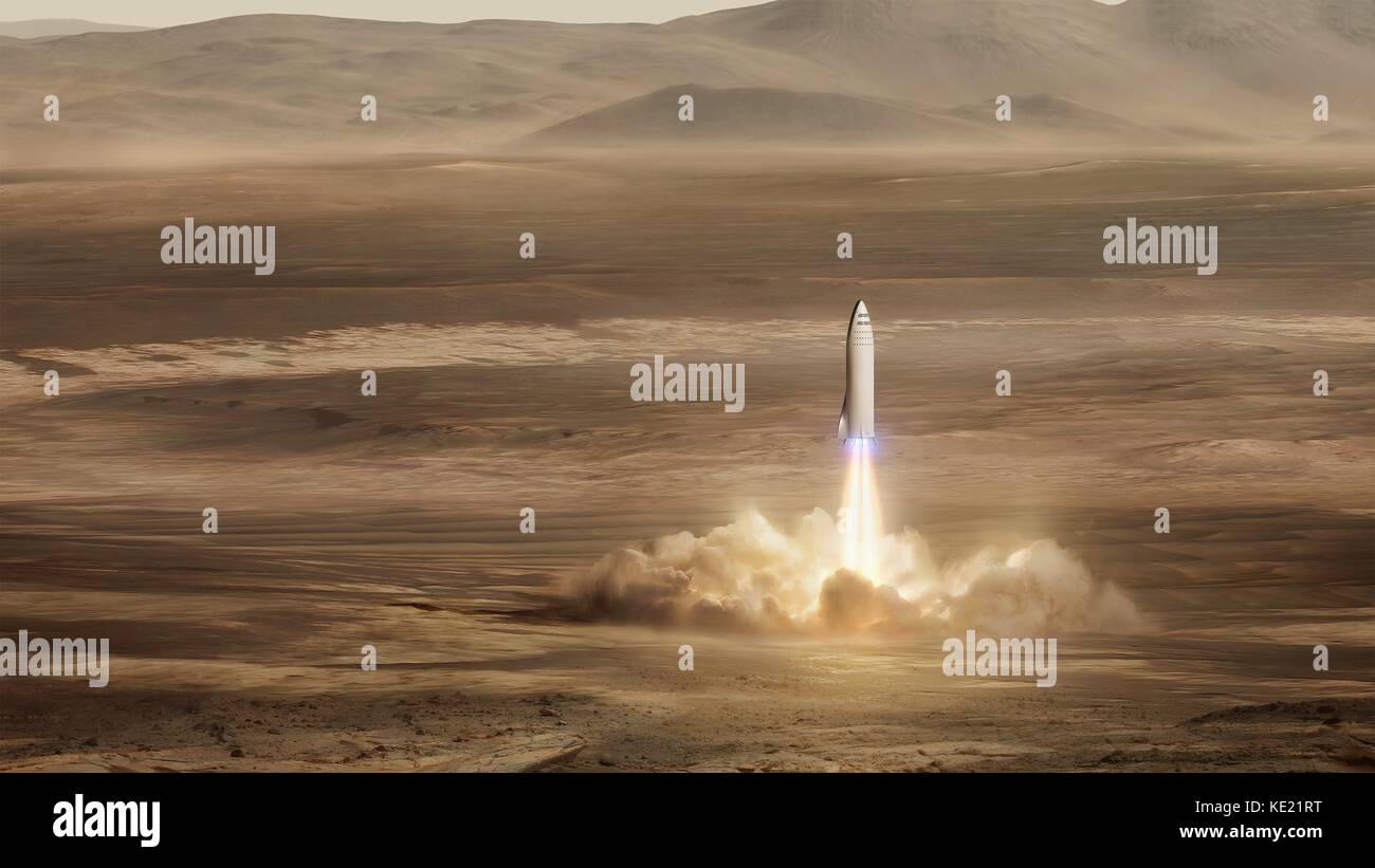 Concept Artistes illustration du système de transport interplanétaire SpaceX, connu sous le nom de levage BFR de Mars. SpaceX prévoit sur le déploiement de la fusée multi-usage pour les trajets vers la Lune, Mars et comme un système de transport sur terre. Banque D'Images