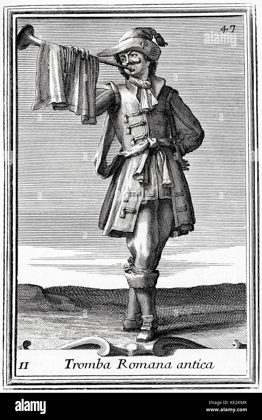 Trompette romain joué par l'homme. Illustration 1 Tromba Romana antica. À partir de l'Bonanni "Gabinetto Armonico'. 18e siècle gravure sur bois Banque D'Images