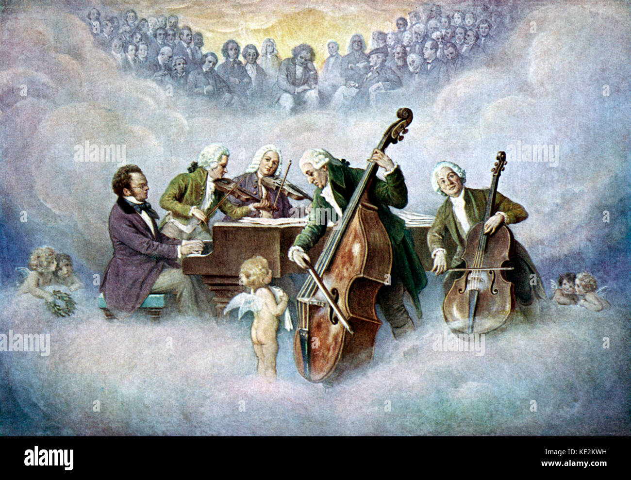 Le Schubert quintet jouant dans le ciel avec Mozart (violon), Bach (violon), Haydn (contrebasse) et Christoph Willibald Gluck (violoncelle). Dans l'auditoire sont Beethoven, Wagner, Schumann, Liszt, Mendelssohn. Angel / chérubins. Imprimé 1928. Franz Schubert : compositeur autrichien, 31 janvier 1797 - 19 novembre 1828. Céleste. Wolfgang Amadeus Mozart : compositeur autrichien, 27 janvier 1756 - 5 décembre 1791. Johann Sebastian Bach : organiste et compositeur allemand, 21 mars 1685 - 28 juillet 1750. Haydn : compositeur autrichien, 31 mars 1732 - 31 mai 1809. Christoph Gluck : Bohemian-German compositeur, 12 juillet 1714 - 15 novem Banque D'Images
