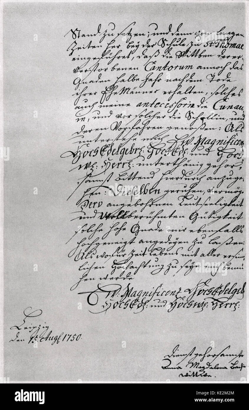 Anna Magdalena Bach, seconde épouse du compositeur allemand et organiste Johann Sebastian Bach - lettre signée, datée du 15 août 1750, quatorze jours après l'enterrement de J.S. Bach. Un appel au conseiller municipal de lui accorder l'Gnaden-Halbjahr «', le paiement de la rémunération de la personne décédée à ses héritiers pendant six mois après sa mort. Anna Magdalena Bach : 22 septembre 1701- 22 février 1760, Johann Sebastian Bach : 21 mars 1685 - 28 juillet 1750 Banque D'Images