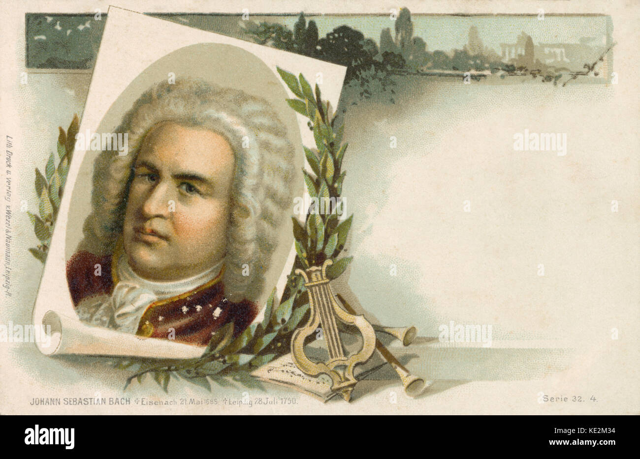 Johann Sebastian Bach, compositeur et organiste allemand. Illustration sur carte postale avec couronne de laurier, instruments et résultats 21 mars 1685 - 28 juillet 1750 Banque D'Images