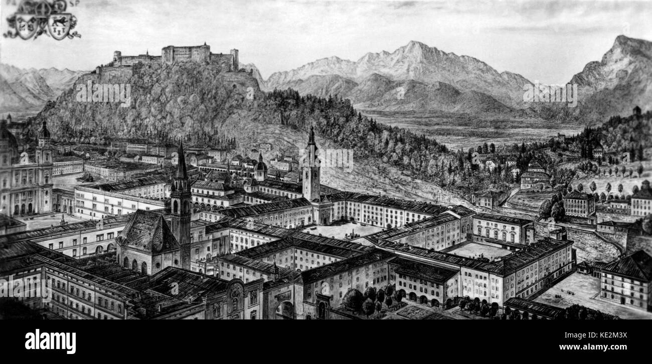 Salzbourg, Autriche - Vue de Saint Pierre et l' Archabbey Erzabtei Benedictine college Saint Pierre. - École de saint Benoît / Benedikt. Illustration par Rudolf Weber. Banque D'Images