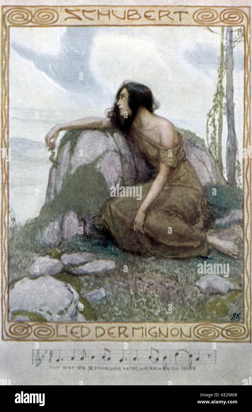 Franz Schubert a menti 'Der Mignon'. Compositeur autrichien, 31 janvier 1797 - 19 novembre 1828. Au début du xxe siècle illustration avec woman sitting on grass, leaning on rock. Portée avec paroles en bas. Chanson Banque D'Images