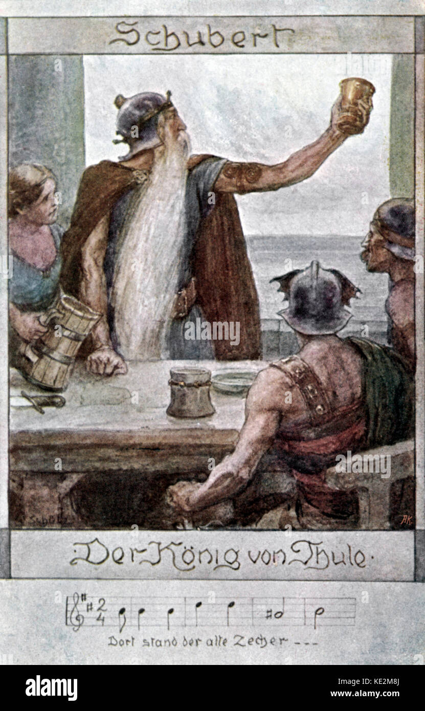 Franz Schubert, 'Der König von Thule'. Compositeur autrichien, 31 janvier 1797 - 19 novembre 1828. D'après un poème de Goethe. Bars de la chanson et un roi tenant une tasse. Banque D'Images