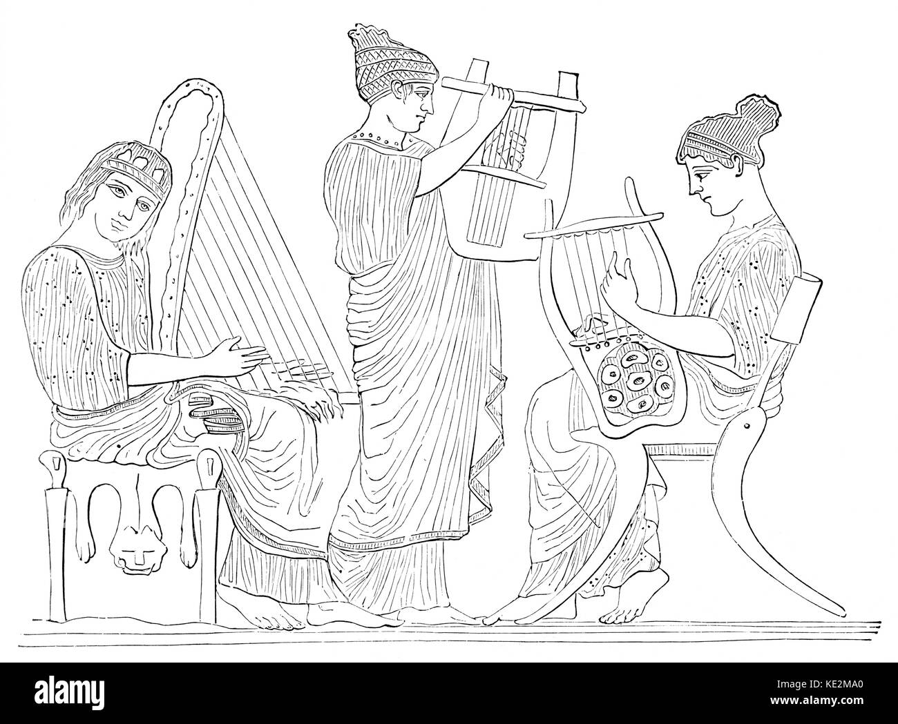 Des musiciens jouant des instruments grec Lyre. Harpe. Portant des toges. Toga. Banque D'Images