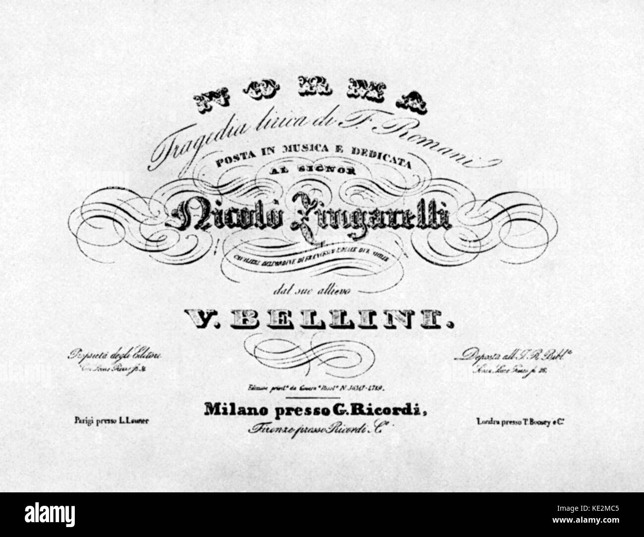 L'opéra de Vincenzo Bellini Norma - couverture de la première édition de Bellini avec dévouement à son professeur Nicola Antonio Zingarelli. Compositeur italien, 3 novembre 1801 - 23 septembre 1835. NZ : compositeur italien, 4 avril 1752 - 5 mai 1837. Banque D'Images