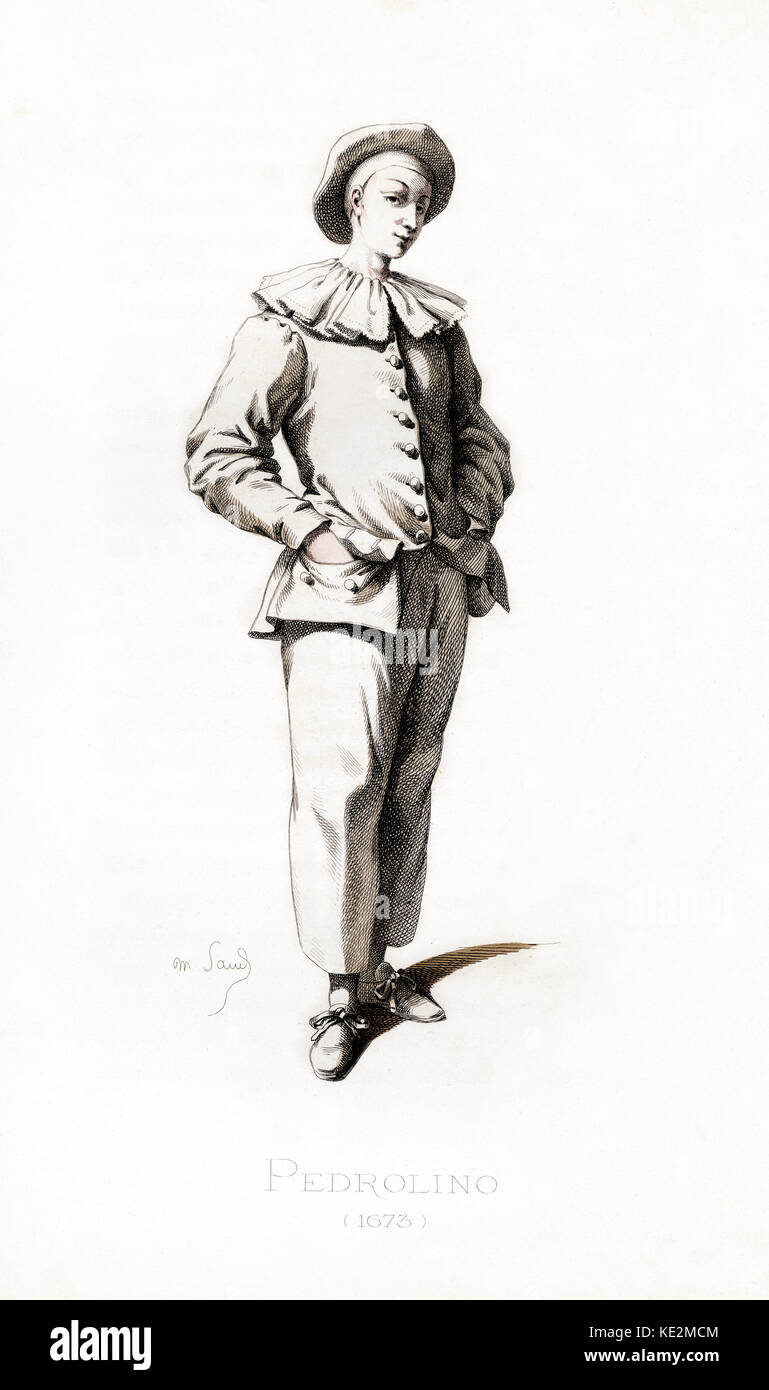 Costume du Pedrolino 1673 dessiné par Maurice Sand, publié en 1860. Commedia dell' Arte caractère. Version italienne du Français Pierrot la lune. Il porte un chapeau, un collier ébouriffé. Banque D'Images