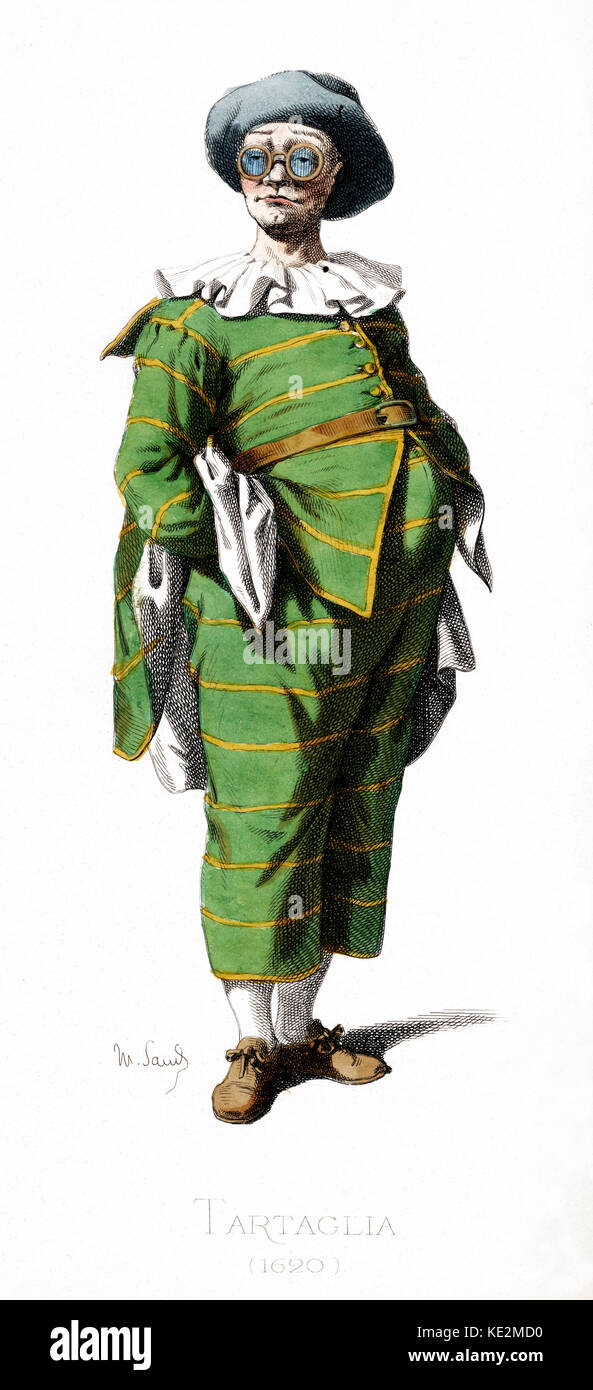 Tartaglia datée du costume 1620 dessiné par Maurice Sand, publié en 1860. Commedia dell' Arte personnage de Naples de porter un chapeau et des lunettes. Collier ébouriffé. Banque D'Images
