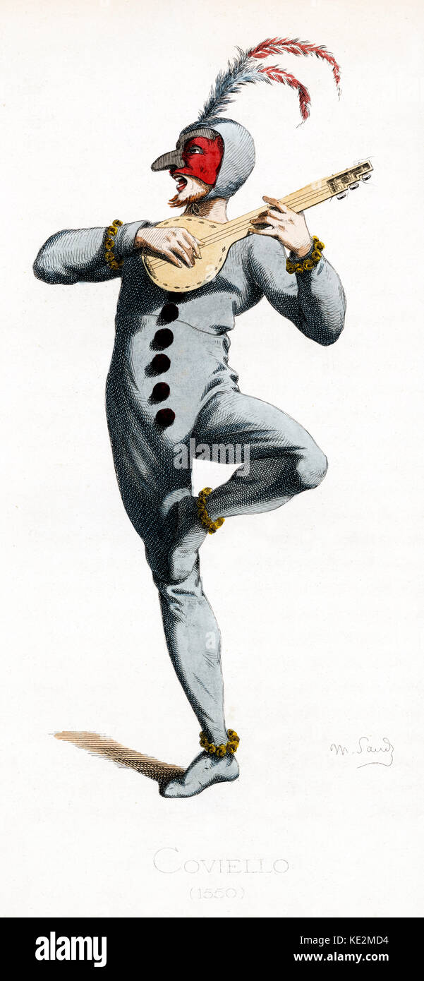 Coviello en date du 1550 costume dessiné par Maurice Sand, publié en 1860. Commedia dell' Arte personnage de Calabre avec un masque et des cloches sur ses poignets et chevilles. À l'instrument. Banque D'Images
