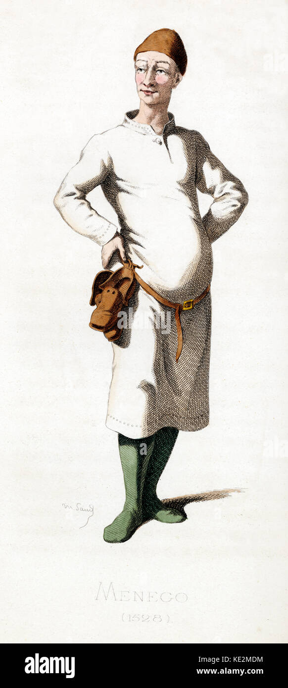 Costume Menego datée du 1528 dessiné par Maurice Sand, publié en 1860. Commedia dell' Arte personnage de Padoue. Paysan. Serviteur. Banque D'Images