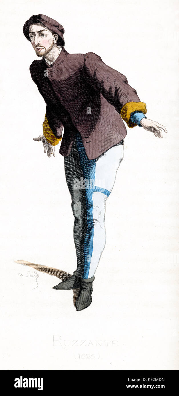Ruzzante 1525 costume du dessiné par Maurice Sand, publié en 1860. Commedia dell' Arte personnage de Padoue. Paysan. Banque D'Images