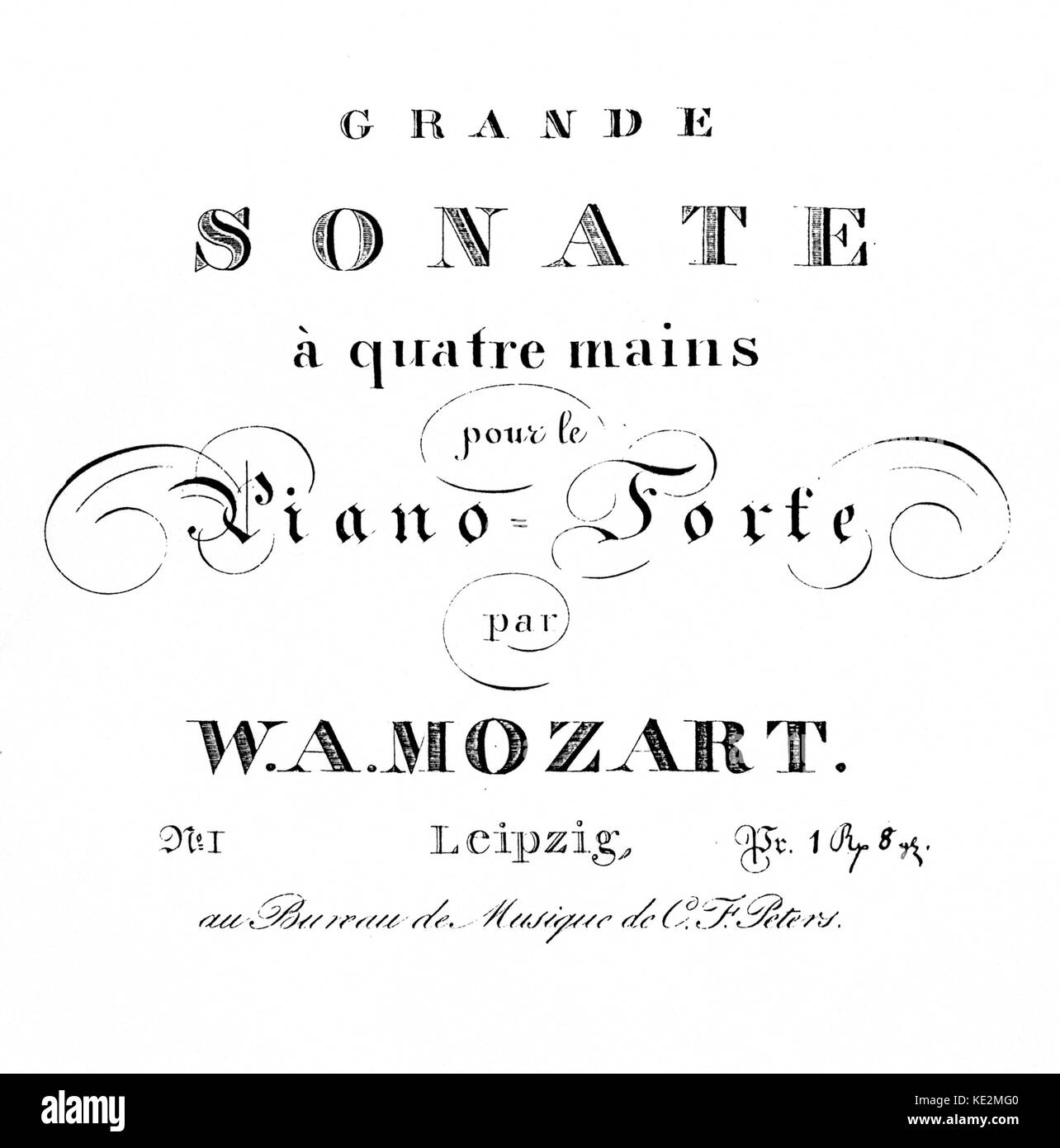 Wolfgang Amadeus Mozart - page de titre du compositeur autrichien's grande sonate pour le pianoforte. 27 janvier 1756 - 5 décembre 1791. Grand Sonata Banque D'Images