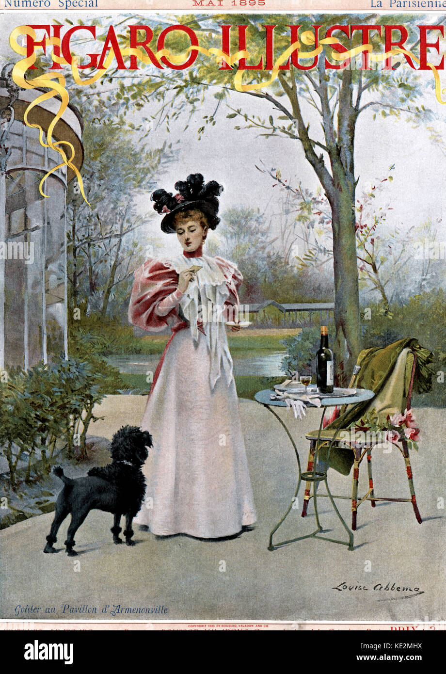 Femme en robe typique de la fin du 19e siècle avec des manches gigot de mouton ayant une collation tout en regardant fixement un caniche français. Couvrir de Figaro Illustré, "Numéro Spécial", mai 1895. Femme se tient debout à l'extérieur, dans la campagne avec un petit lac derrière elle. Elle porte un chapeau. Ses gants sont sur une table, avec son casse-croûte et une bouteille de vin. Légende "goûter au Pavillon d'Armenonville". Illustration par Louise Abbema (peintre français, 1858-1927). Banque D'Images