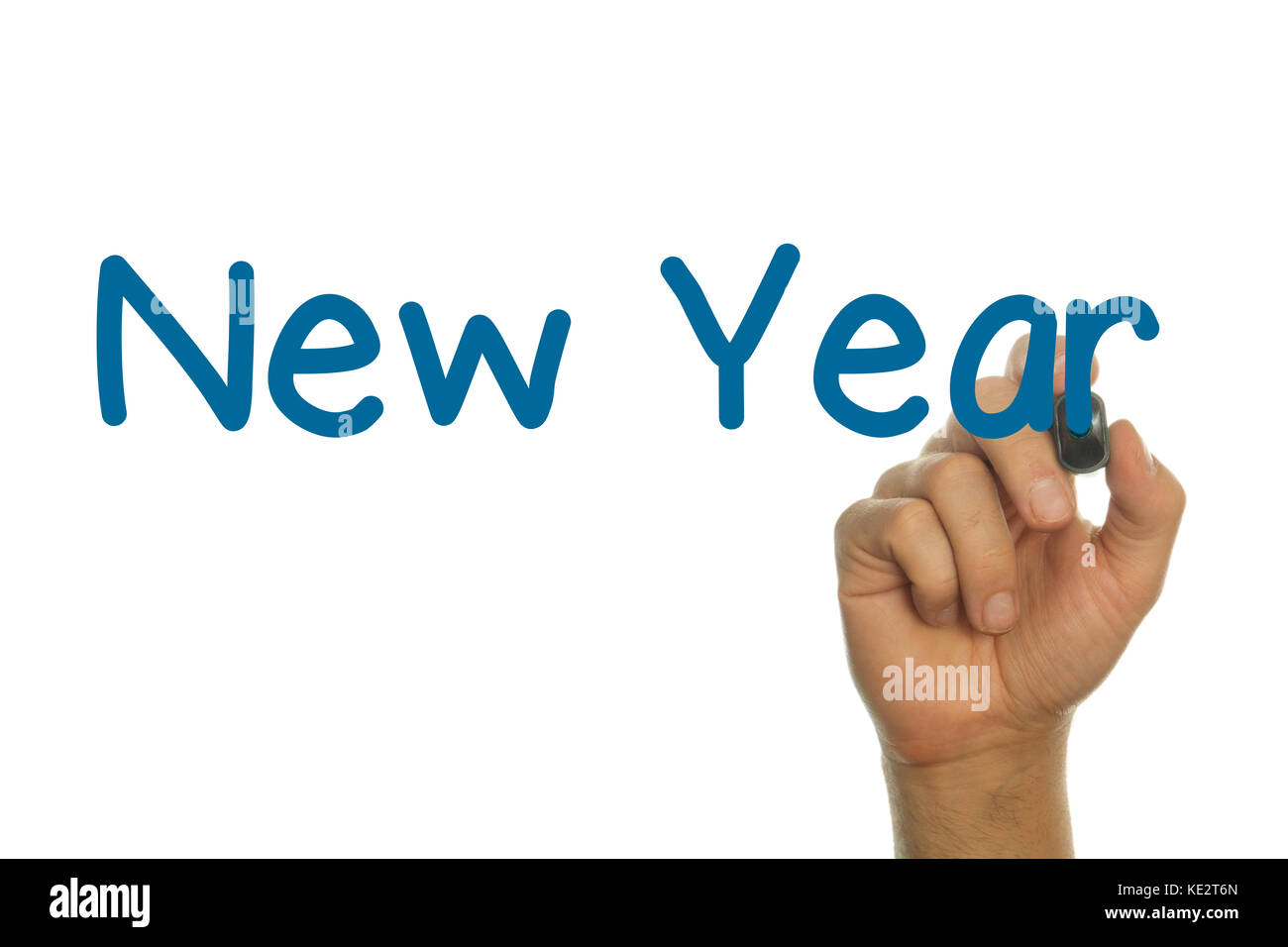 Part d'écrire le mot nouvelle année en bleu sur l'écran Banque D'Images
