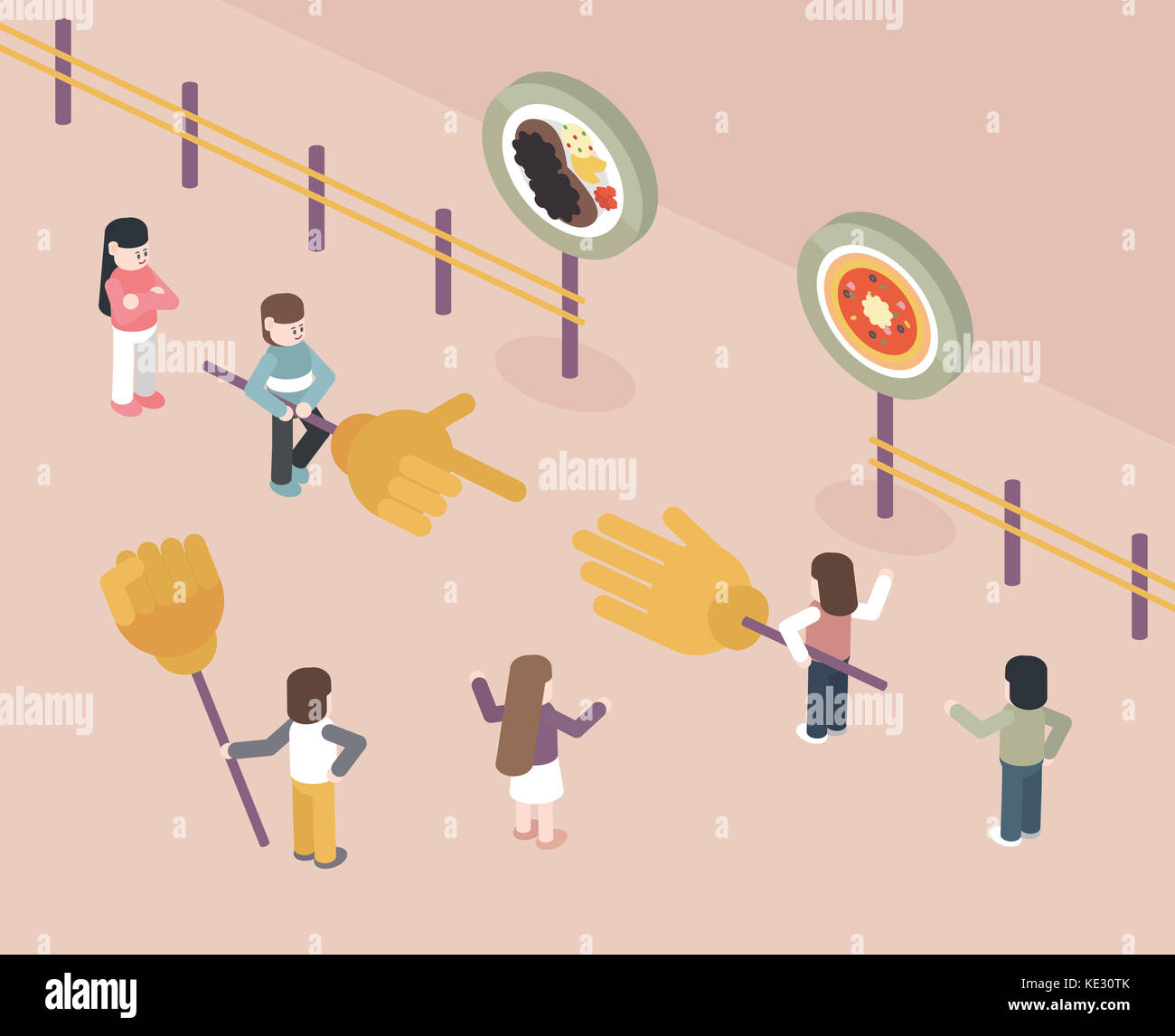 Personnes jouant la roche-papier-ciseaux jeu à choisir des aliments Banque D'Images