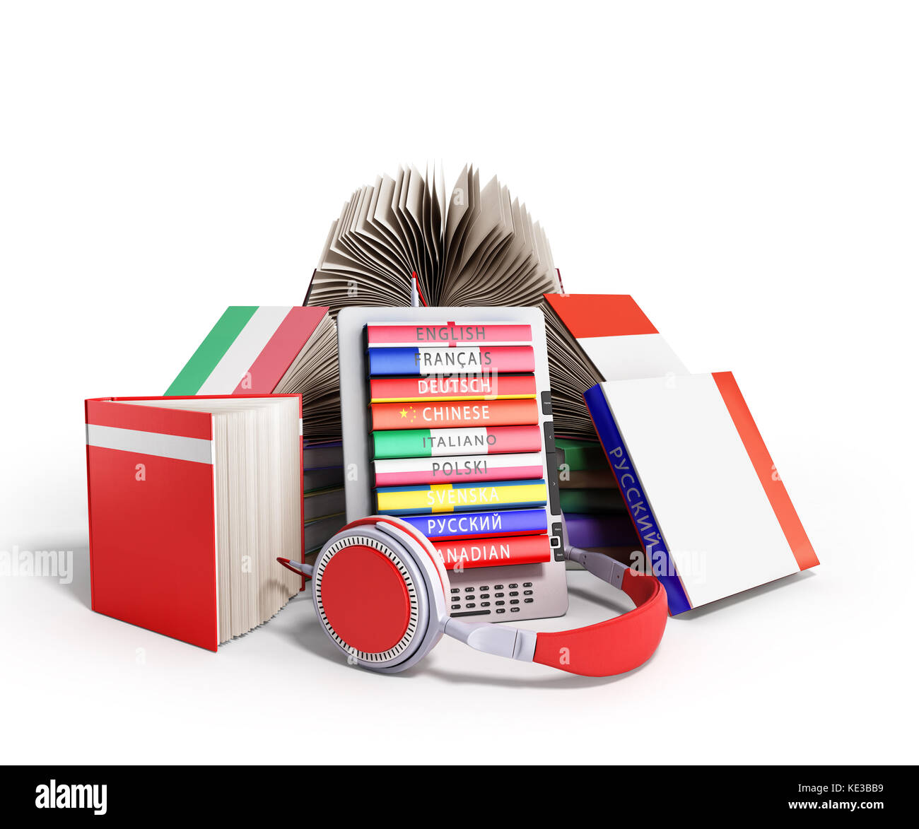 E-book de l'apprentissage des langues audio et des livres blancs sur de rendu 3D Banque D'Images