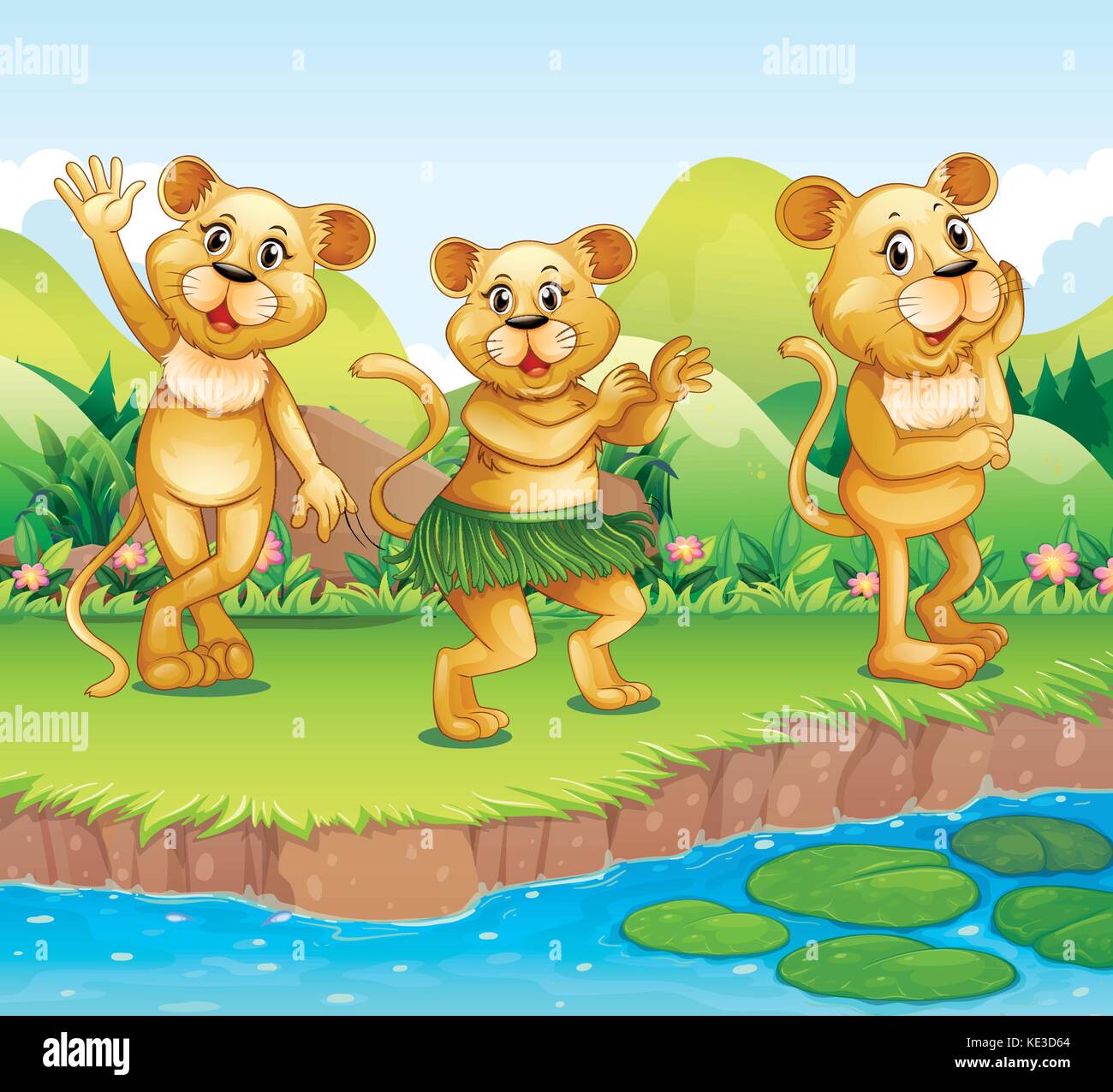 Danse des lions par la rivière illustration Illustration de Vecteur