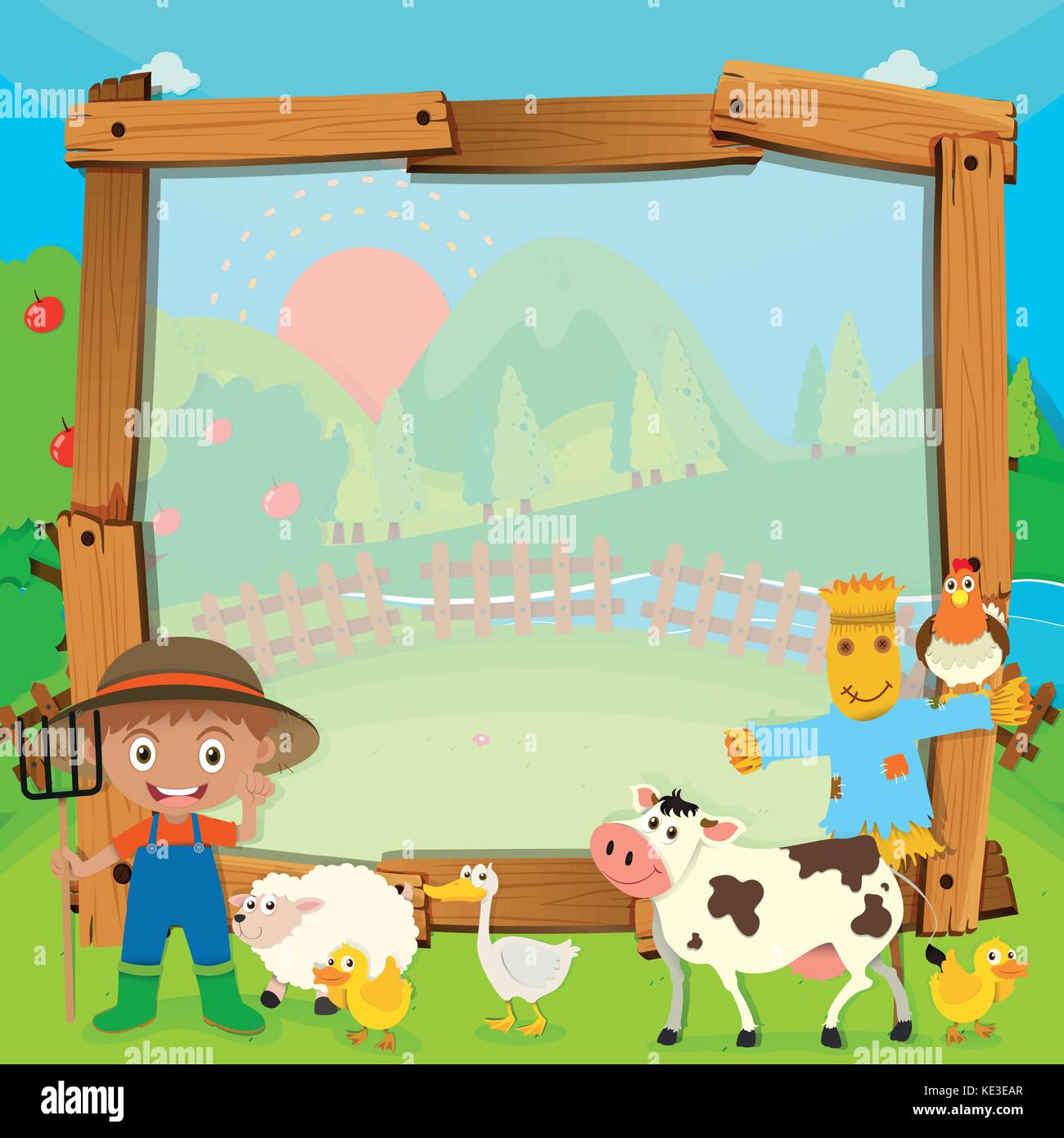 La conception de la frontière avec le fermier et les animaux illustration Illustration de Vecteur