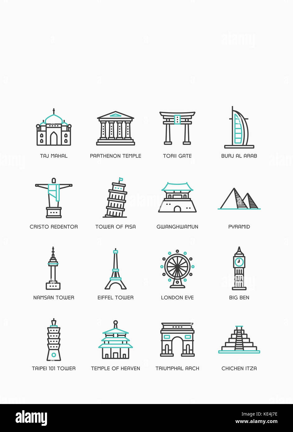 Icon Set de divers monuments mondiales Banque D'Images
