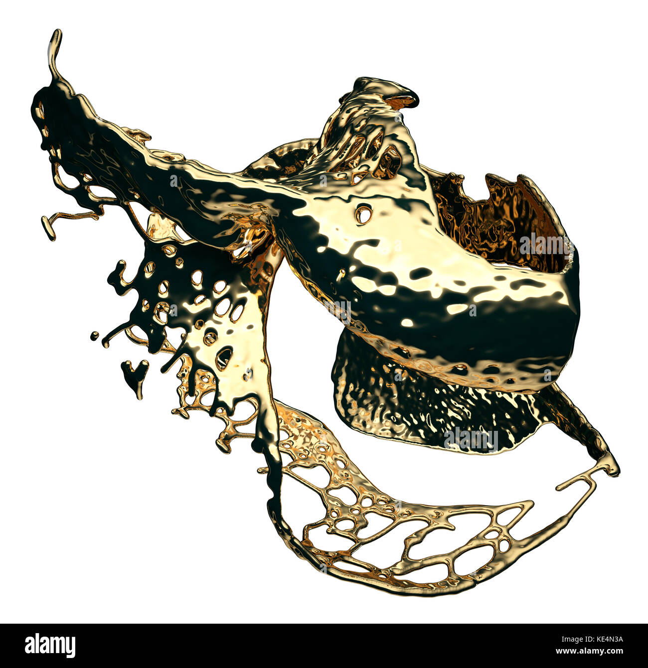 Éclaboussures d'or liquide ou d'huile isolées sur blanc. rendu 3d, illustration 3d. Banque D'Images