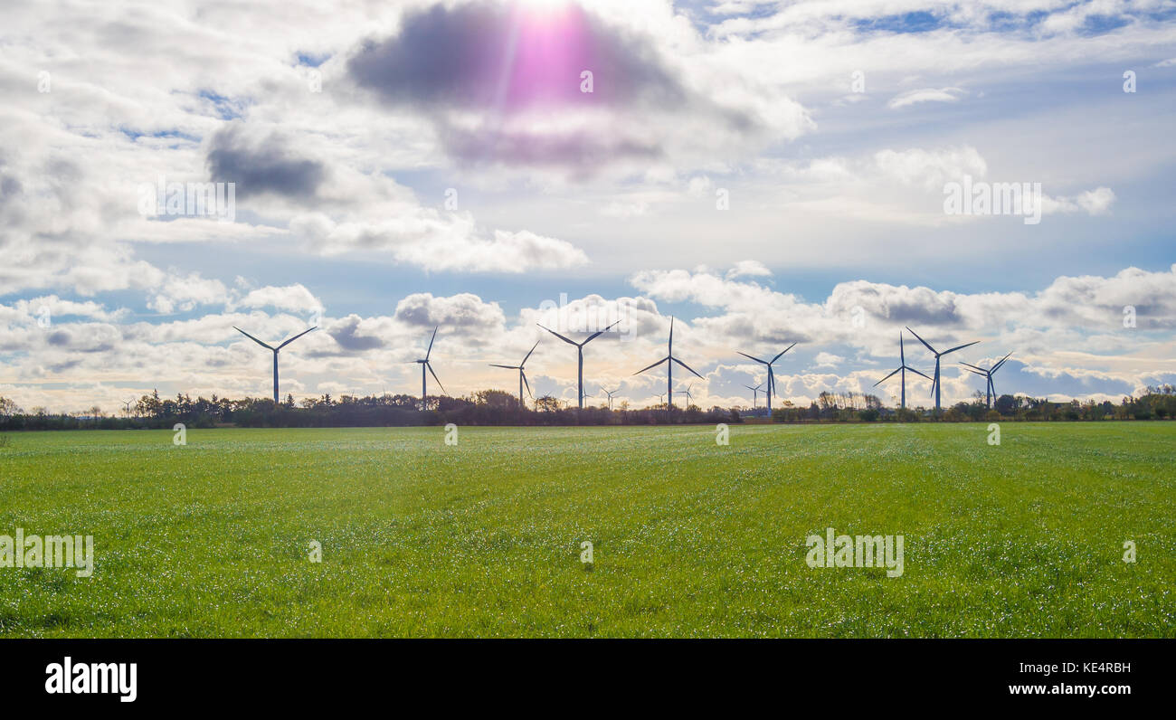 Éoliennes debout sur horizon avec l'herbe verte en premier plan et ciel dramatique, automne, Schleswig-Holstein, Allemagne. Banque D'Images