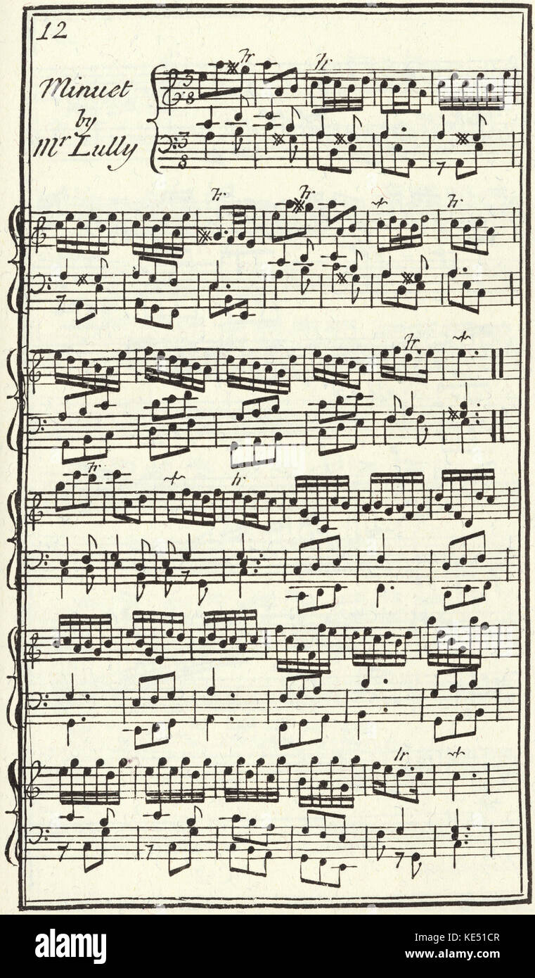 Menuet de Lully. partition de musique pour le clavecin, publié à Londres,  1731. Jean-Baptiste Lully, compositeur français : 28 novembre 1632 - 22  mars 1687 Photo Stock - Alamy