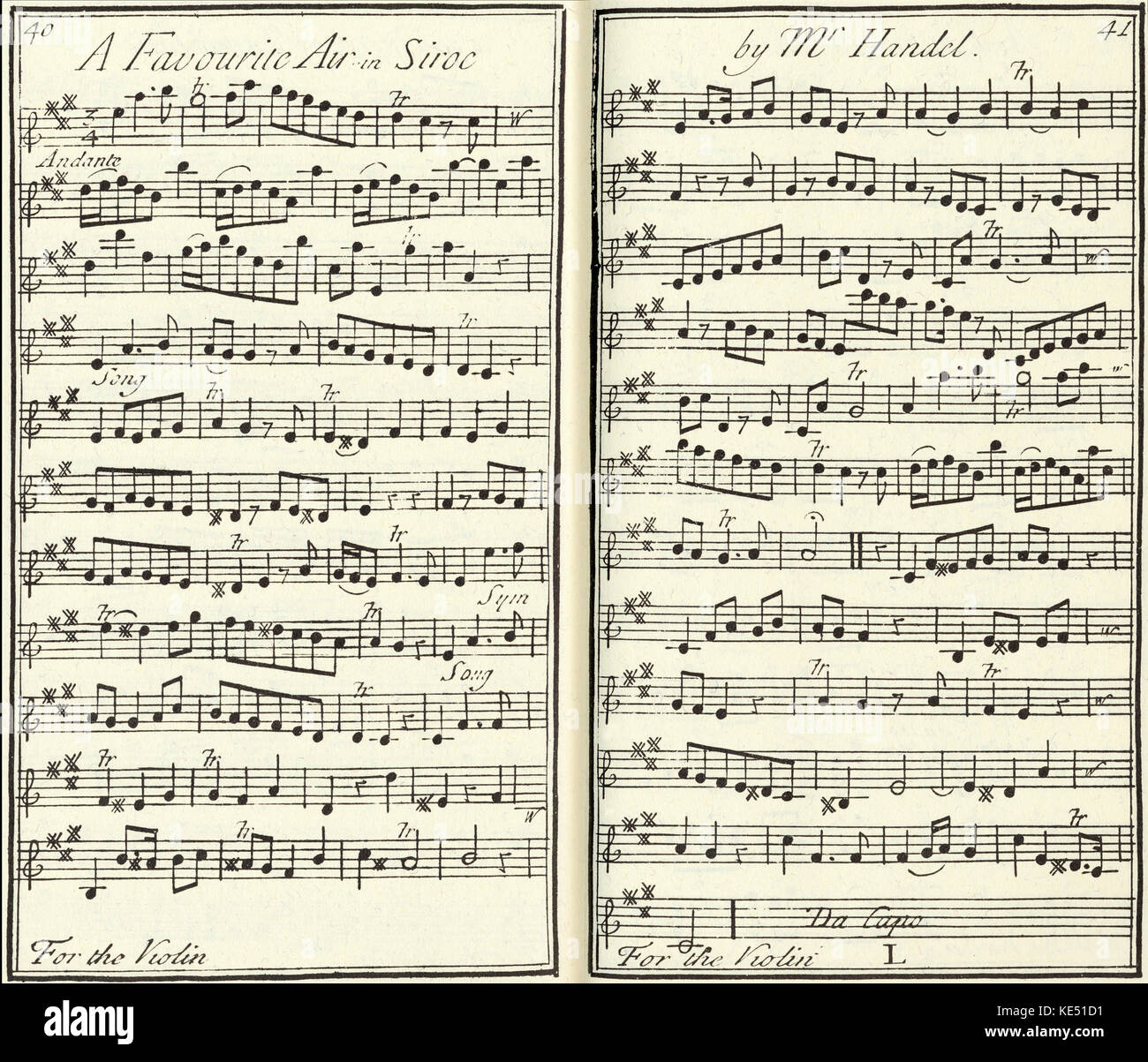 Le Handel operea Siroc , partition de musique pour violon, p40-70-' un favori dans l'air, Siroc par M. Handel. ' Publié à Londres, 1731. Georg Friedrich Haendel, compositeur allemand : 23 février 1685 - 14 Avril 1759 Banque D'Images