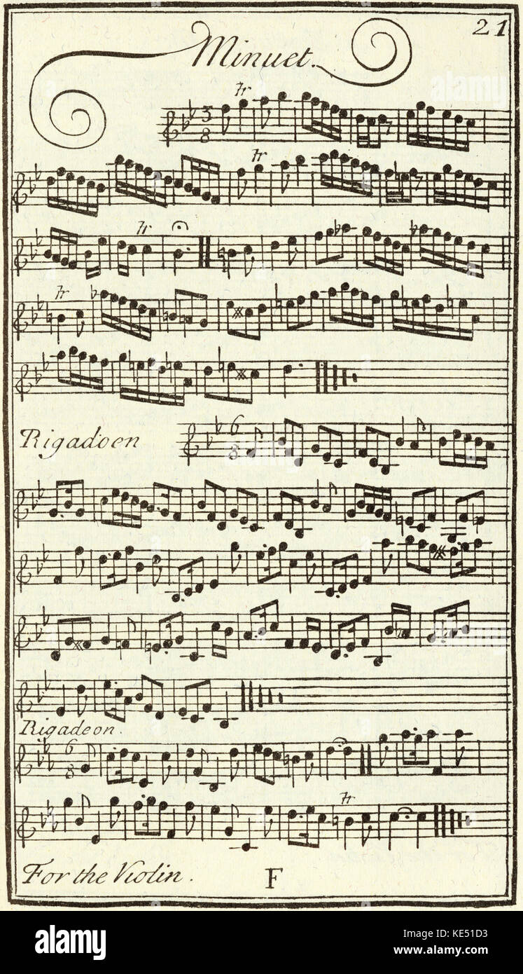 Le score de la musique menuet violon publié à Londres, 1731. Banque D'Images
