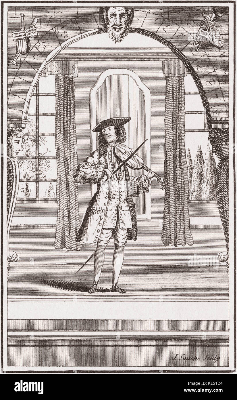 Au début du 18ème siècle, joueur de violon, la légende se lit comme suit : l'art de jouer du violon, avec une nouvelle échelle montrant comment arrêter de chaque note, plat ou pointu, exactement dans l'air, et où les déplacements de la main doit être faite. À partir de l'Musick-Master moderne ou le musicien universel, publié à Londres, 1731. Banque D'Images