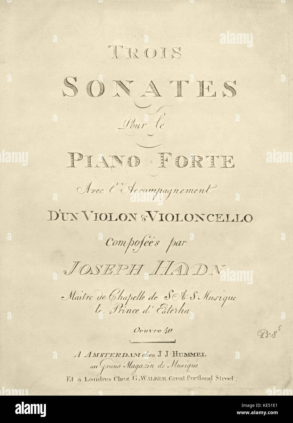 Joseph Haydn, trois sonates pour le piano, accompagné par le violon et violoncelle - capot avant de partition de musique 40/Opus 40 Original : 'Trois Sonates pour le piano-forte avec l'accompagnement d'un violon & violincello composeés par Joseph Haydn' JH : 31 mars 1732 - 31 mai 1809 Banque D'Images
