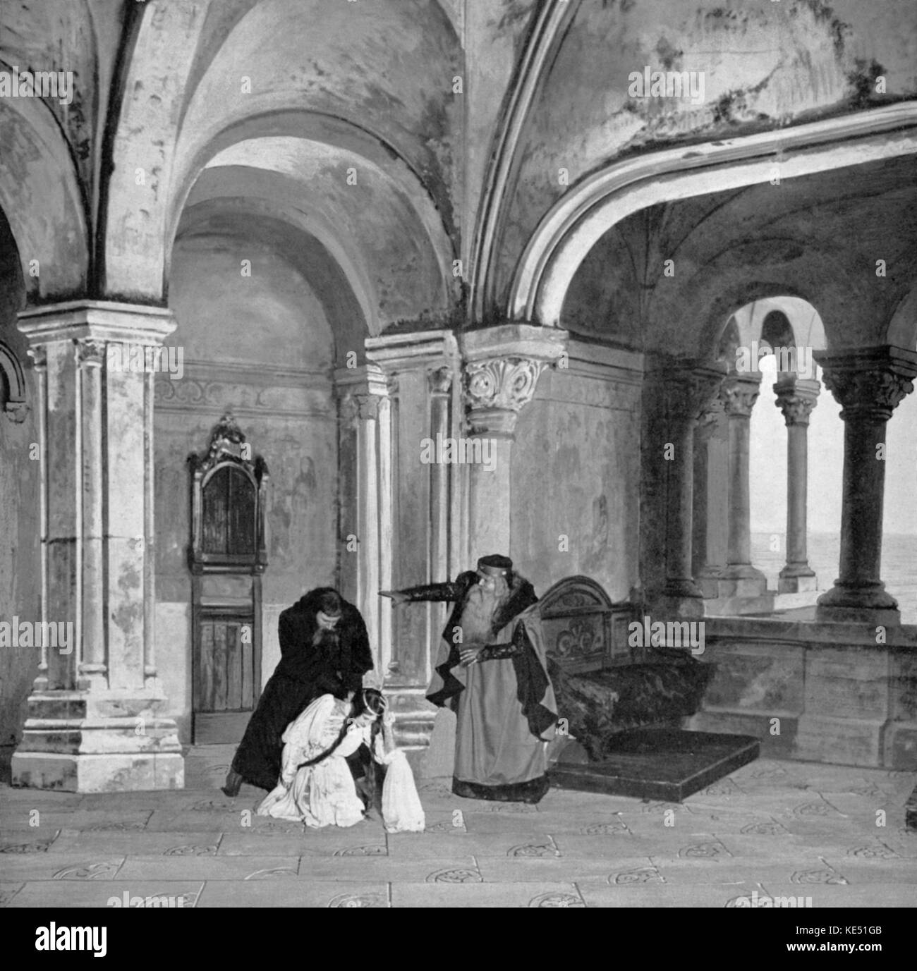 De Claude Debussy opéra 'Pelléas et Mélisande'. 11ème Tableau 'la colère de Golaud' avec Jean Périer (baryton français) comme Pelléas, Hector Dufrane Belge (baryton-basse) dans le rôle de Golaud et Mary Garden (soprano) écossais comme Mélisande.1902 première à l'Opéra-Comique, Paris. Définir par Eugène Ronsin. Debussy, compositeur français, 22 août 1862 - 25 mars 1918. Banque D'Images