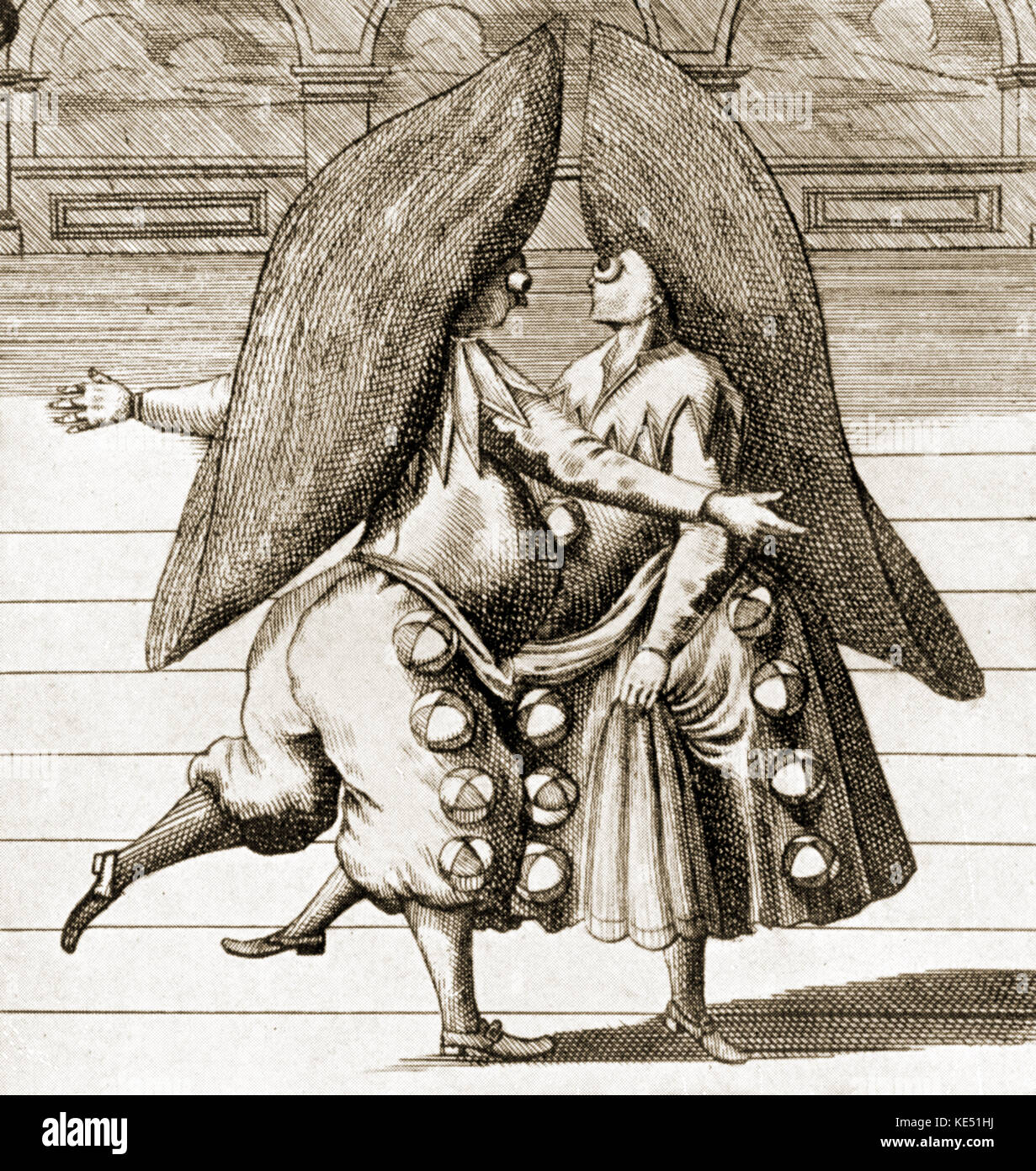 Narcisin «Narcisino" (costumes), début du 18e siècle, inspiré par les masques masques / de la Commedia dell' Arte. À partir de la gravure de J. G. Puschner. Narcisino portant un grand chapeau de paille. L'inspiration pour le personnage de Molière. Banque D'Images