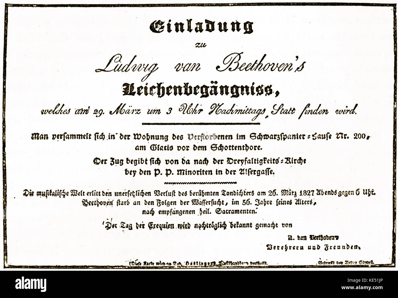 Ludwig van Beethoven - invitation pour le compositeur allemand,  funérailles, 29 mars 1827. Traduction : "La réunion de personnes aura lieu  à la résidence de la personne décédée, dans la maison Scwarzpanier,