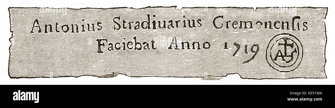 Antonio Stradivari ou Antonius Stradivarius - bouilloire 's label / monogramme luthier italien. Strad. Cremona. En 1644 : - 18 décembre 1737. Banque D'Images
