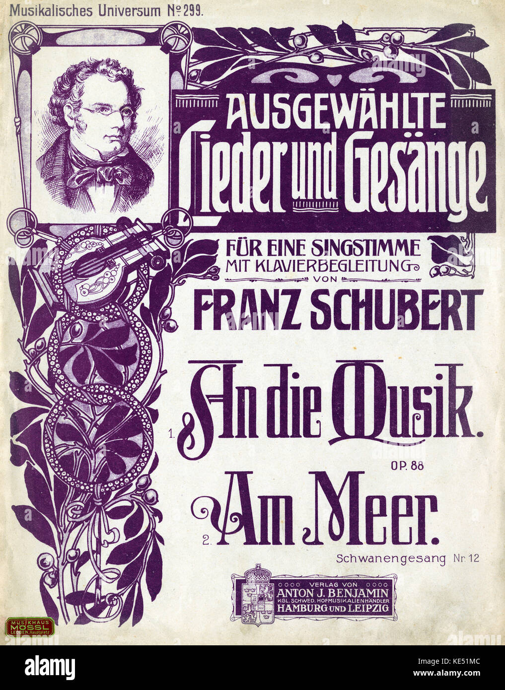 'An die Musik' & 'am Meer' - score couvrir pour les deux chansons par compositeur autrichien Franz Schubert. Portrait du compositeur avec frontispice. Publié : Hambourg et Leipzig, Anton J. Benjamin Verlag. Franz Schubert : 31 janvier 1797 - 19 novembre 1828. Banque D'Images