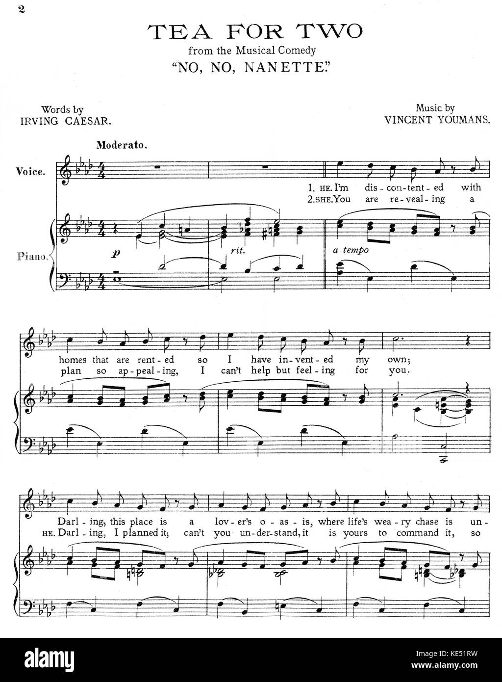 'Tea For Two' - chanson de la comédie musicale américaine 'No No Nanette', musique de Vincent Youmans, réserver et lyrics par Otto Harbach et Frank Mandel. Score. Publié : Londres, Chappell & Co., 1924. Banque D'Images