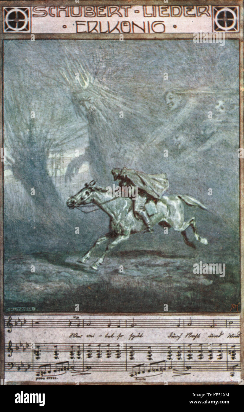 "Der Erlkönig (le roi) équitation à travers la forêt. Chanson composée par Franz Schubert, basé sur le poème de Johann Wolfgang von Goethe. Illustration par E. Kutzer. Franz Schubert, compositeur autrichien : 31 janvier 1797 - 19 novembre 1828. Johann Wolfgang von Goethe, écrivain allemand : 28 août 1749 - 22 mars 1832. Mesures de musique avec paroles en bas Banque D'Images