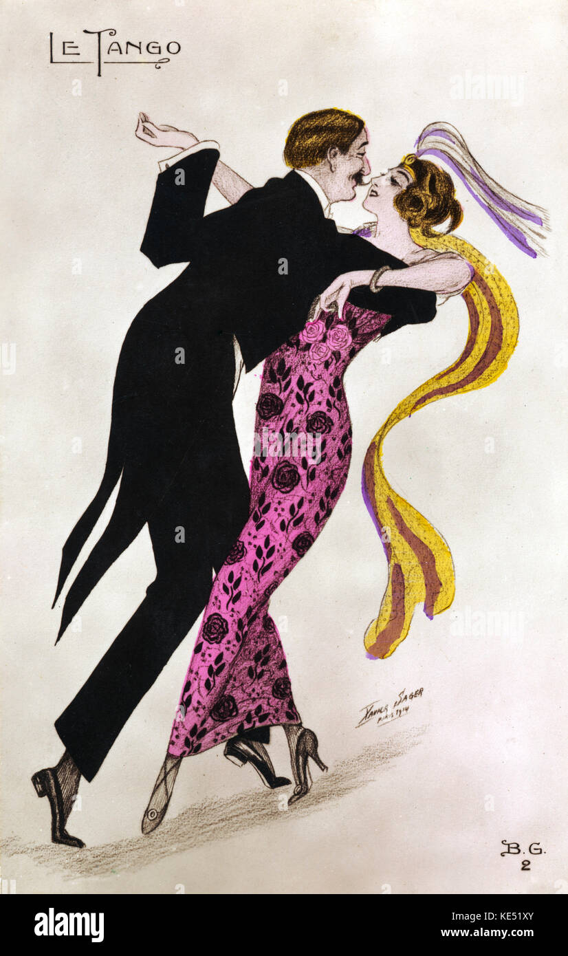 Couple de danseurs de tango. Légende : Le 'Tango'. Plume d'Edwardian lady  's dans les cheveux. Signé par Xavier Sager, Paris, 1914 Photo Stock - Alamy